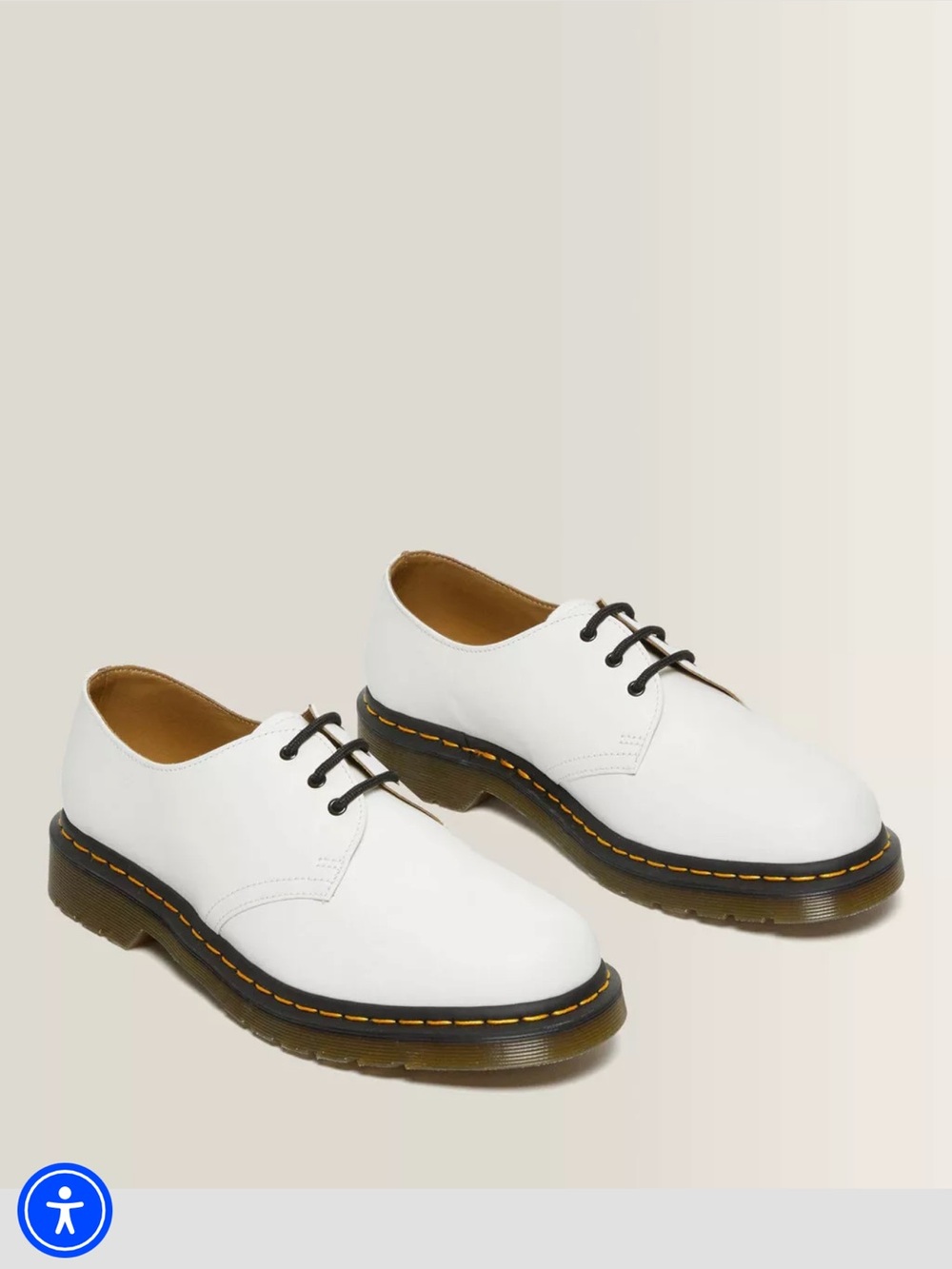 Dr. Martens White Leather 3-Eye Derby with Black Laces and Yellow Stitching - Picture 2 of 5